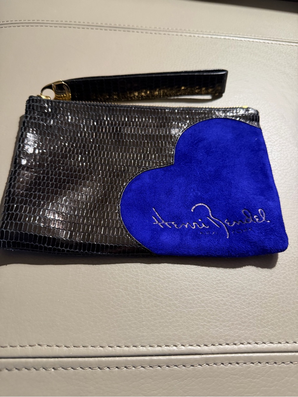 henri bendel Black Embossed Wristlet with Royal Blue Heart